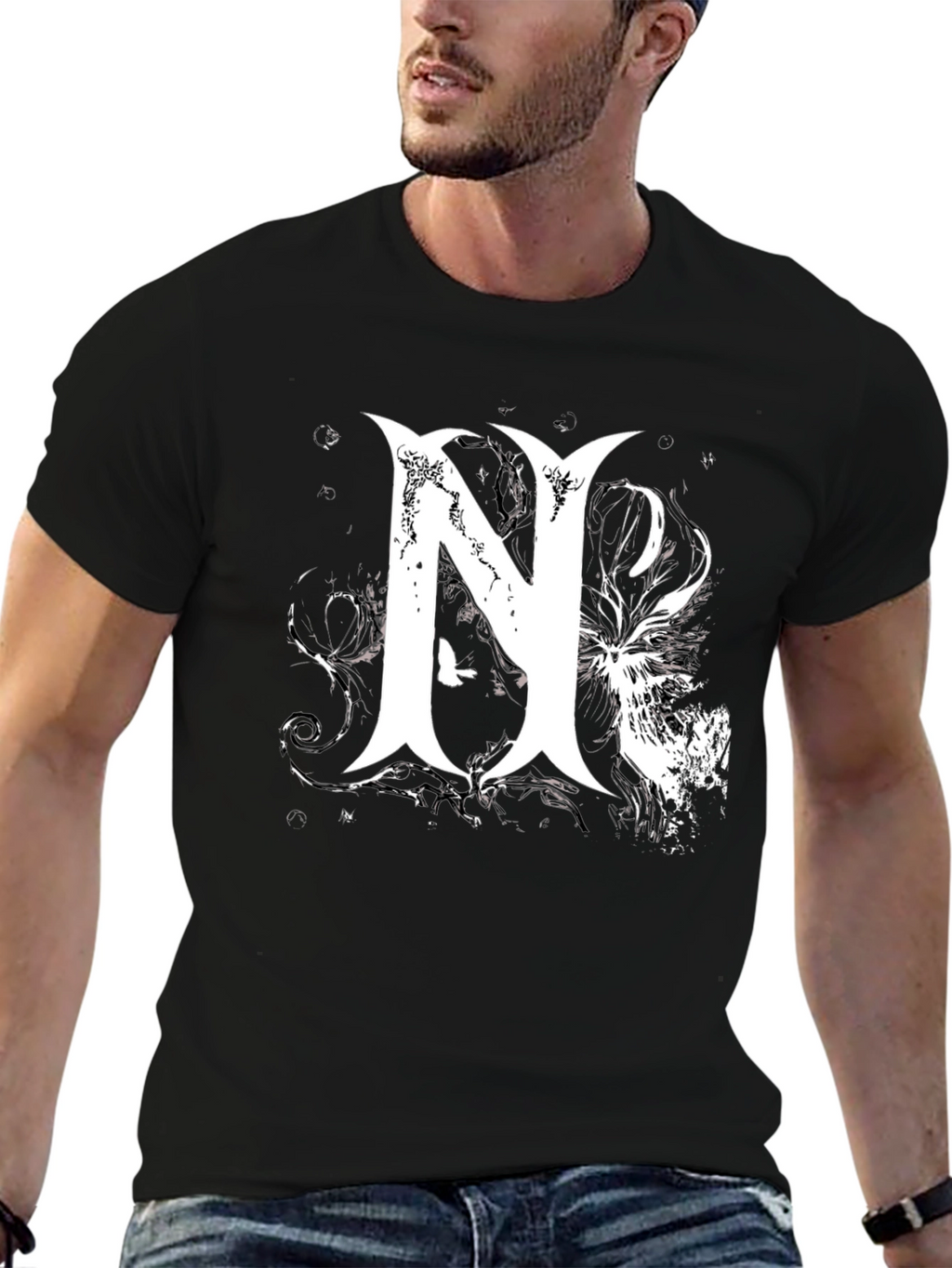 Stylish Black T-Shirt with Bold White Graphic Letter N