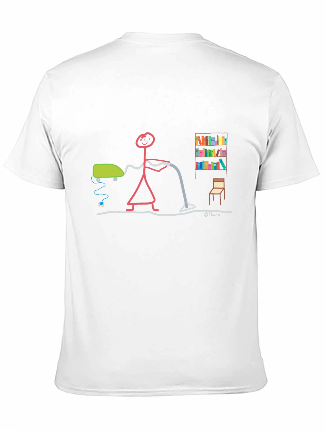 Humorous Stick Figure Vacuuming Black T-Shirt