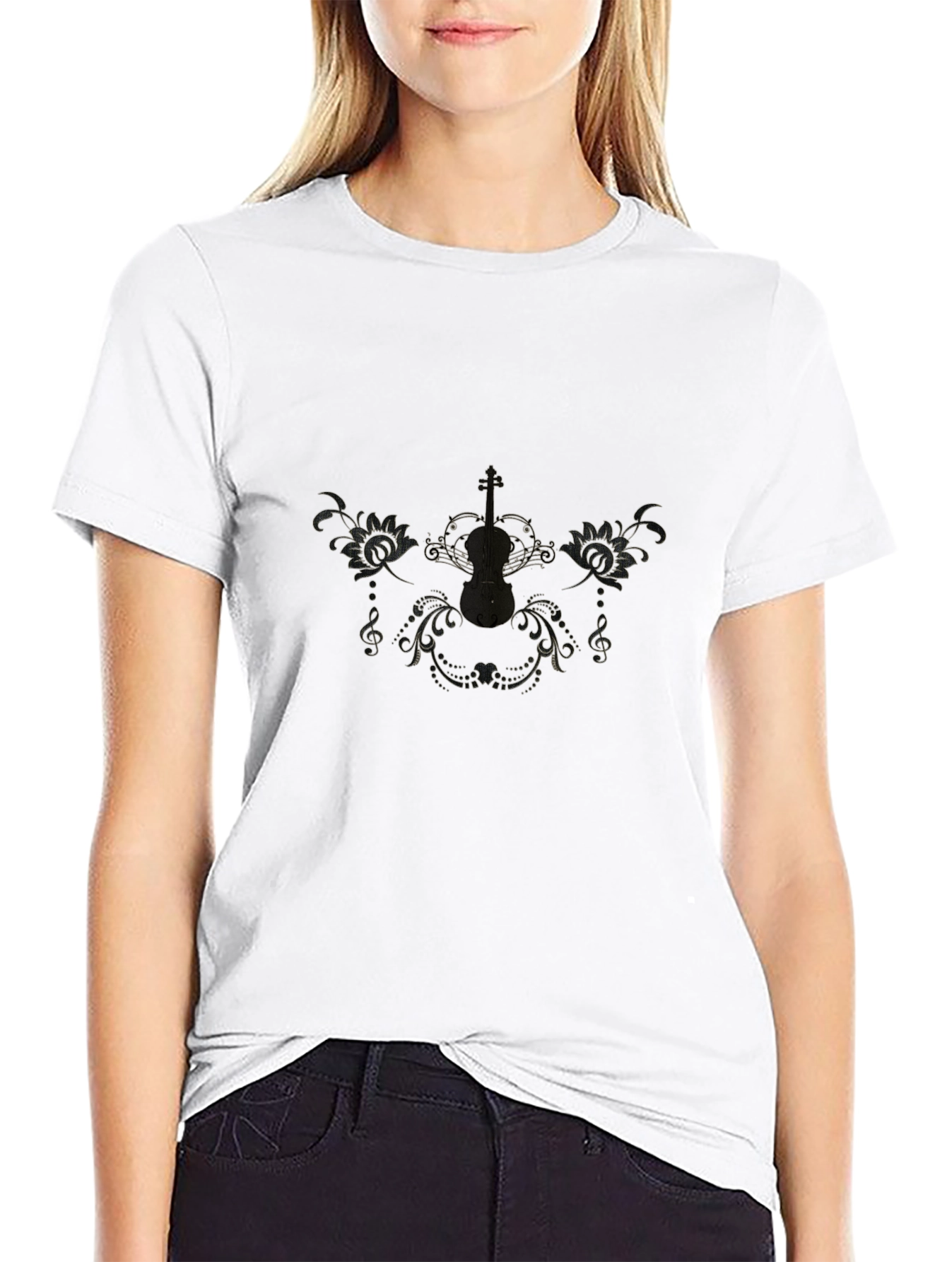 Elegant Black T-Shirt with Musical Design