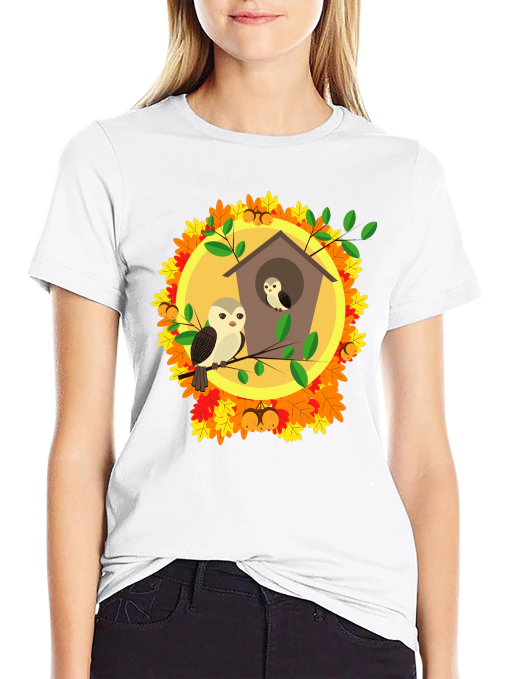 Autumn Owl House T-Shirt: Fall Bird Design