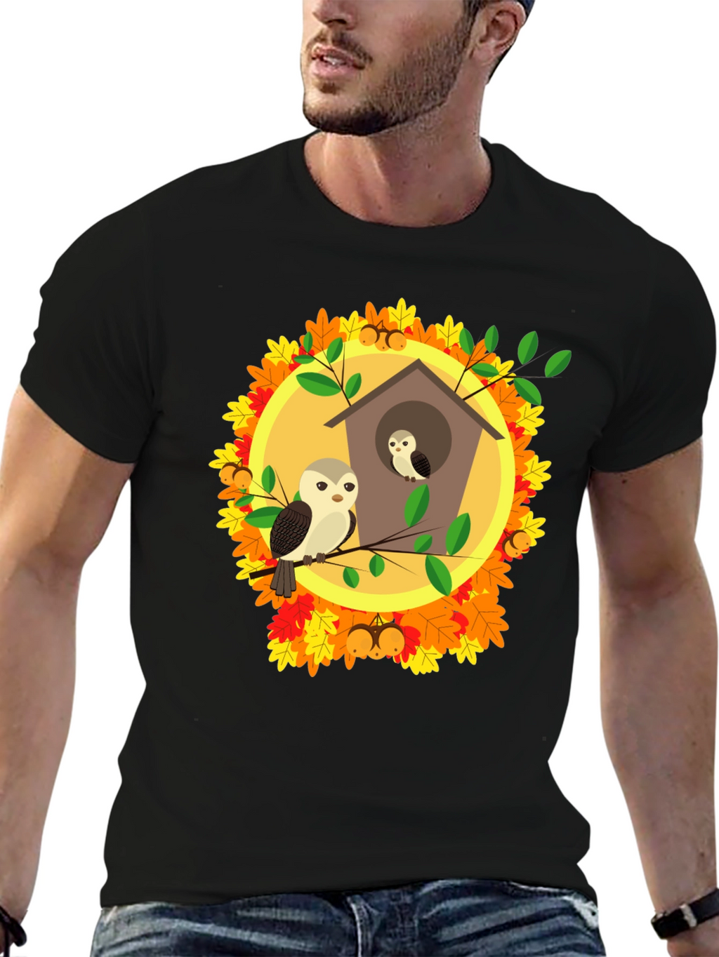 Autumn Owl House T-Shirt: Fall Bird Design