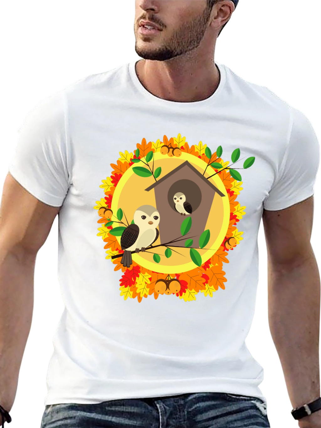 Autumn Owl House T-Shirt: Fall Bird Design