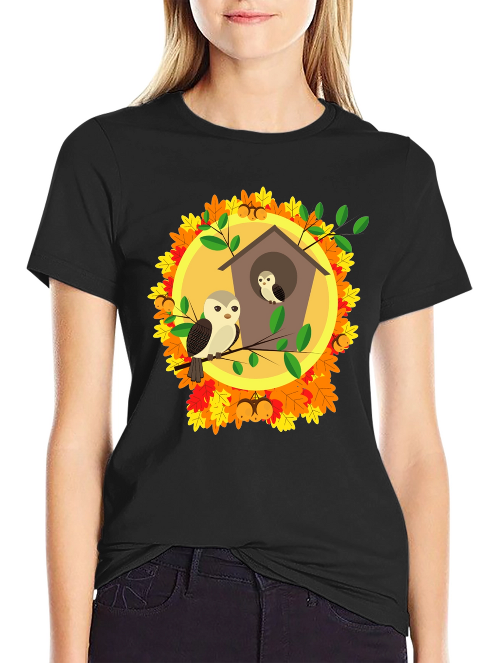 Autumn Owl House T-Shirt: Fall Bird Design
