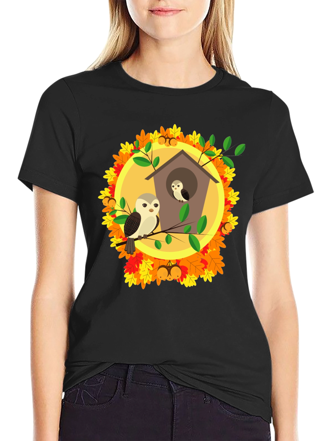 Autumn Owl House T-Shirt: Fall Bird Design