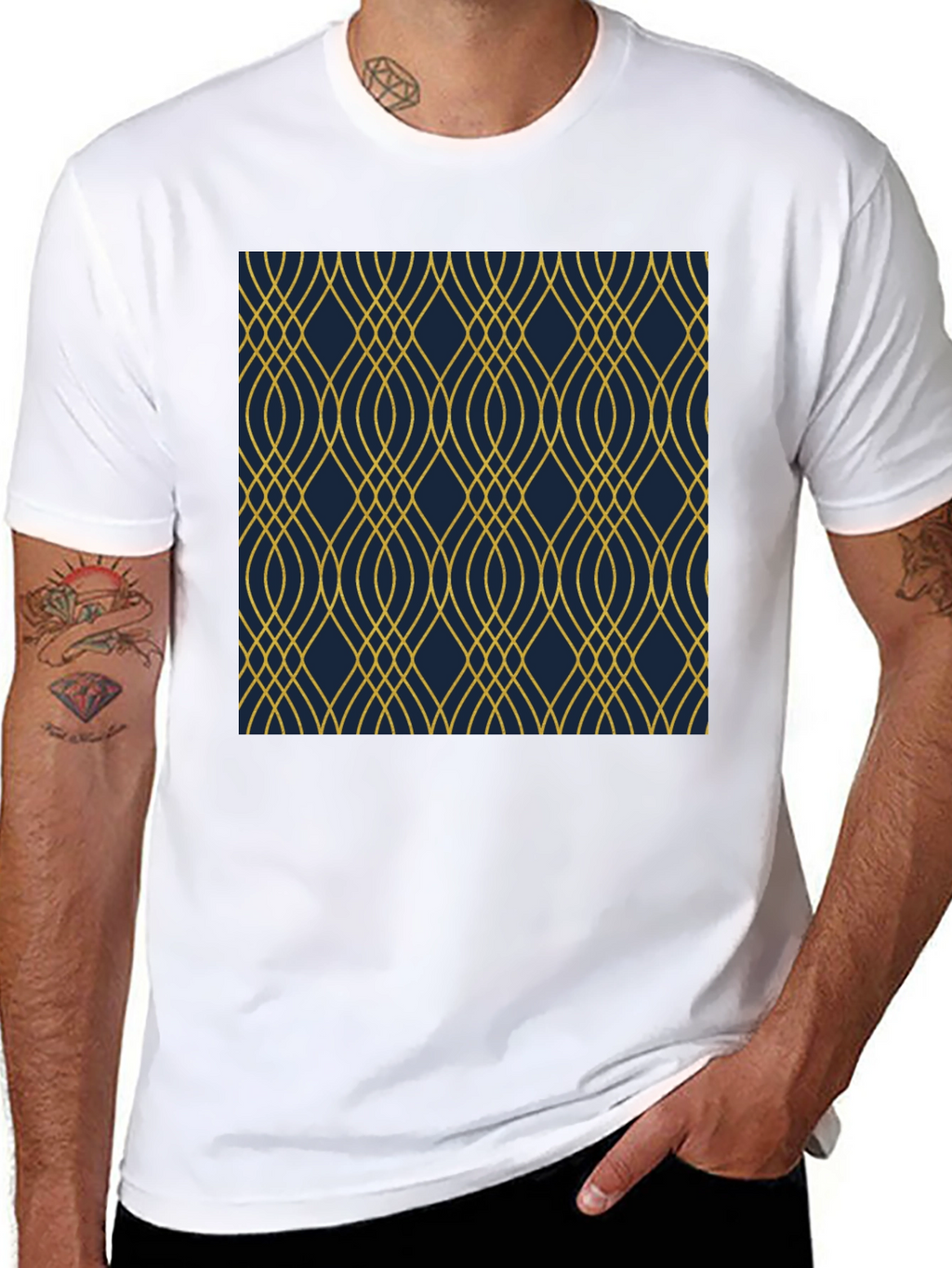 Stylish Black T-Shirt with Geometric Gold Pattern