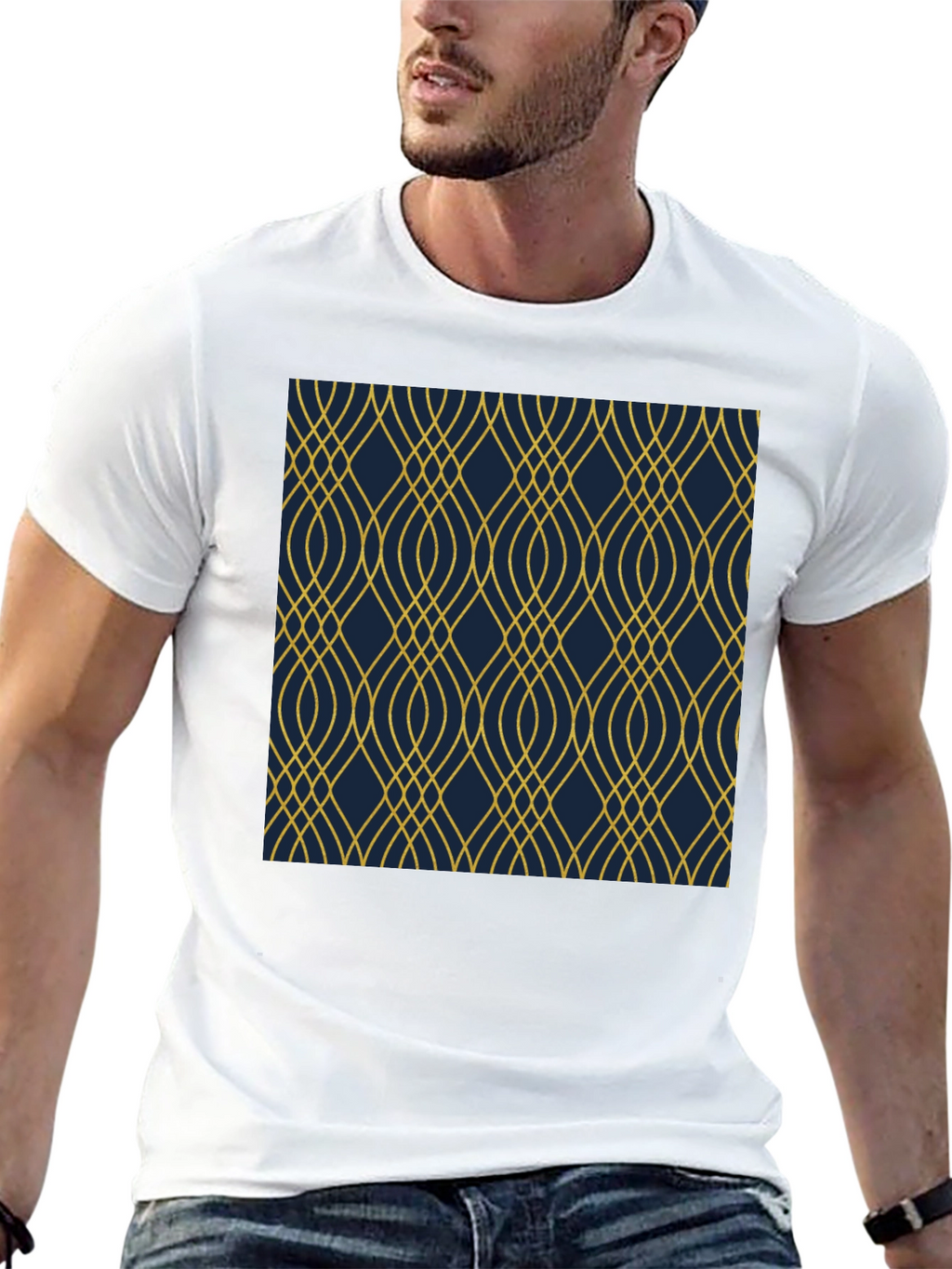 Stylish Black T-Shirt with Geometric Gold Pattern