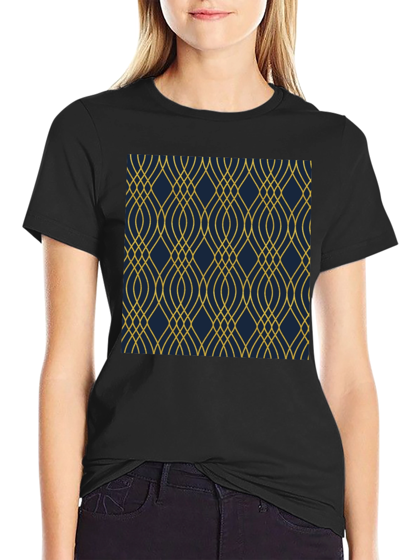 Stylish Black T-Shirt with Geometric Gold Pattern