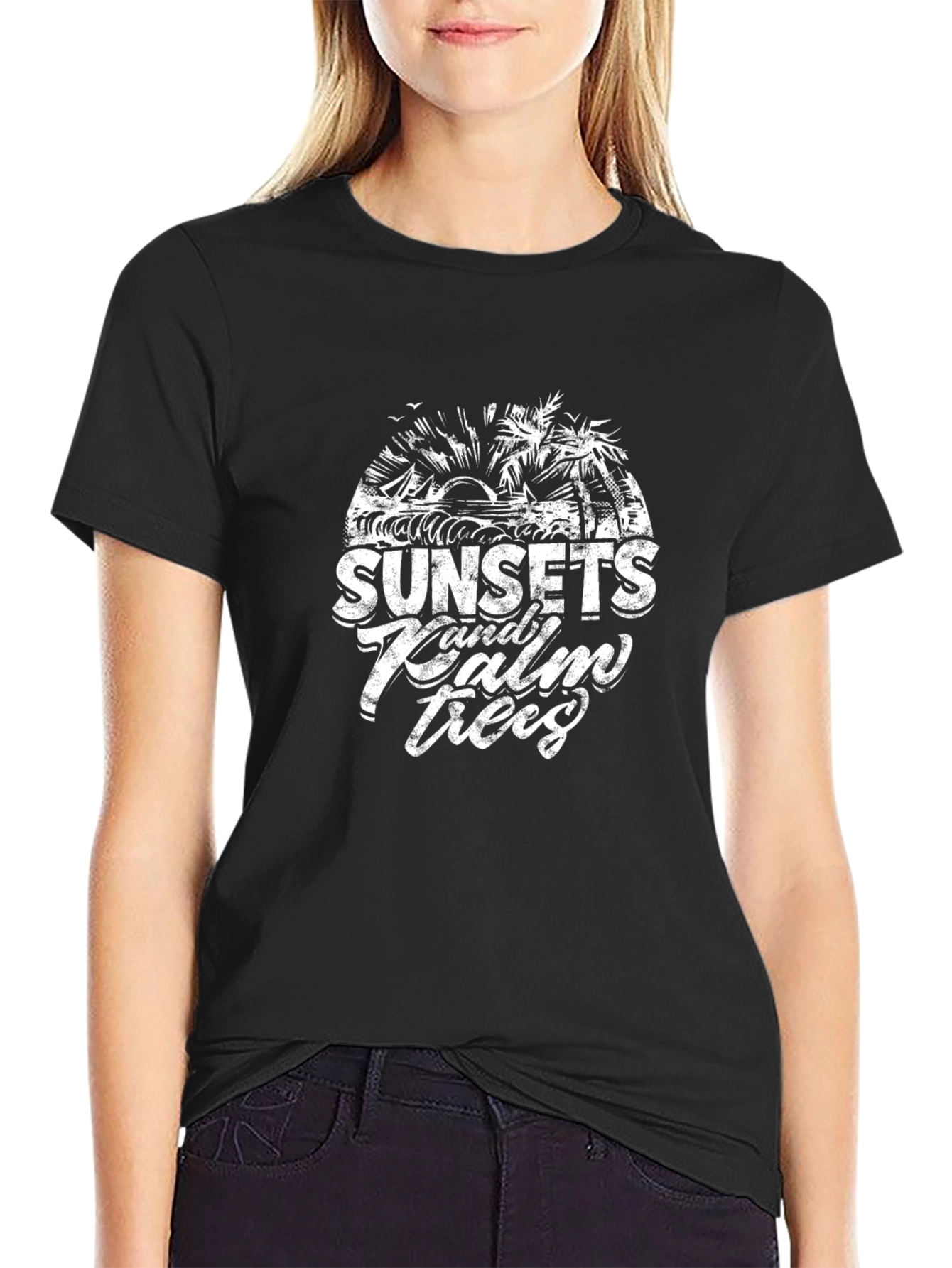 Sunset & Palm Trees Black Graphic T-Shirt