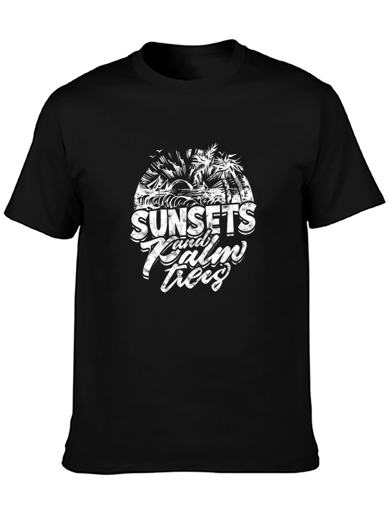 Sunset & Palm Trees Black Graphic T-Shirt