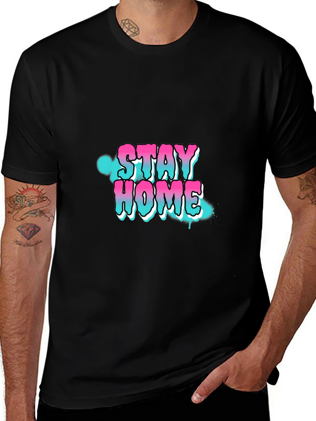 Stay Home Graphic Print Black T-Shirt