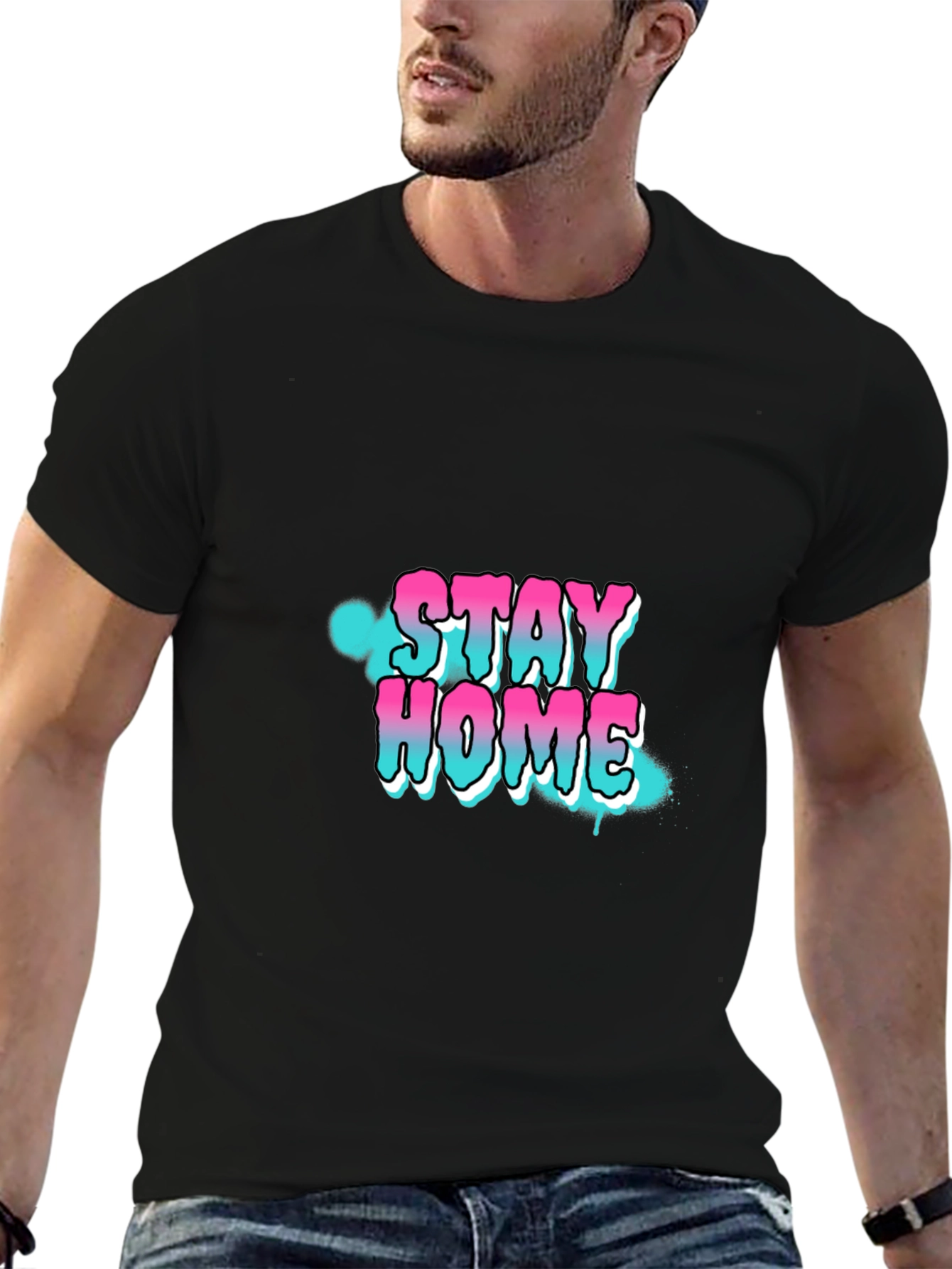 Stay Home Graphic Print Black T-Shirt