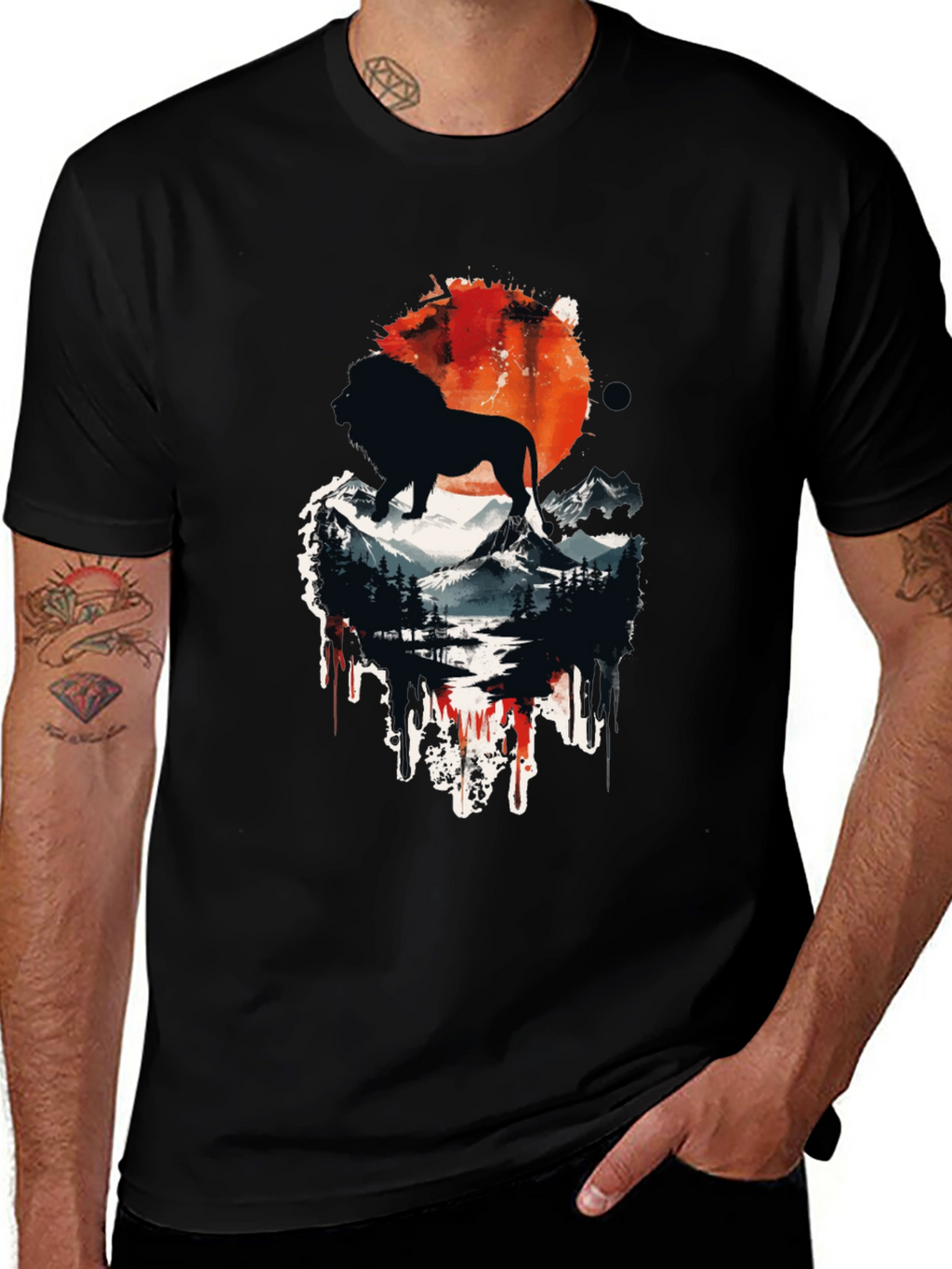 Lion Landscape Graphic Print Black T-Shirt