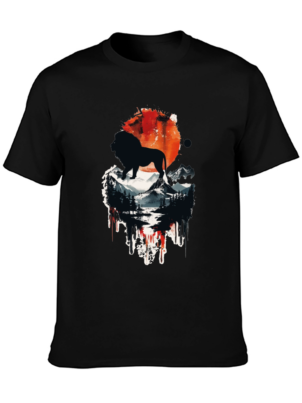 Lion Landscape Graphic Print Black T-Shirt