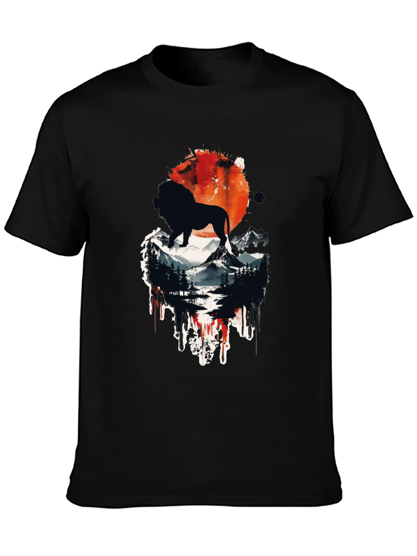 Lion Landscape Graphic Print Black T-Shirt