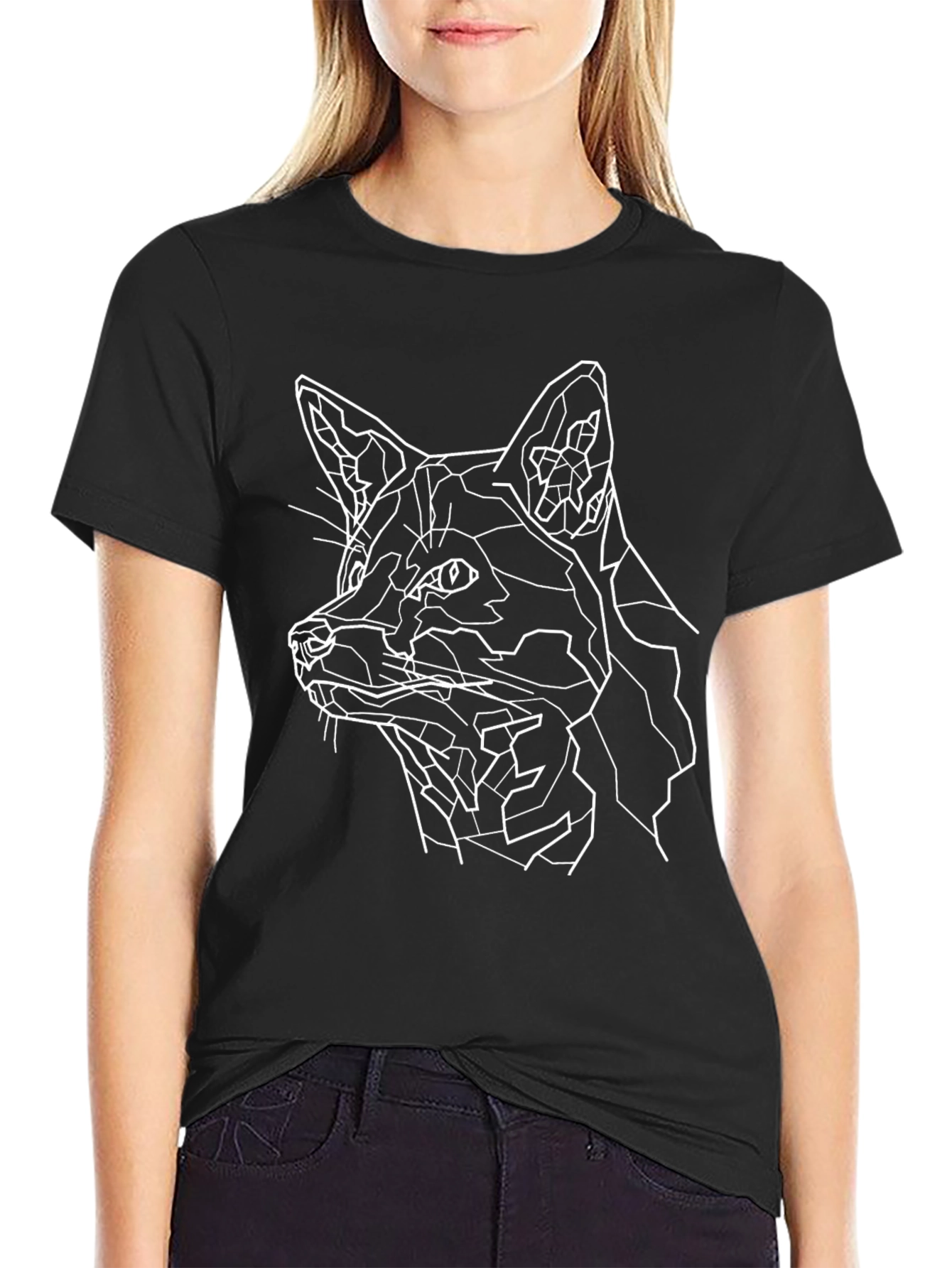 Geometric Fox Graphic Print Black T-Shirt