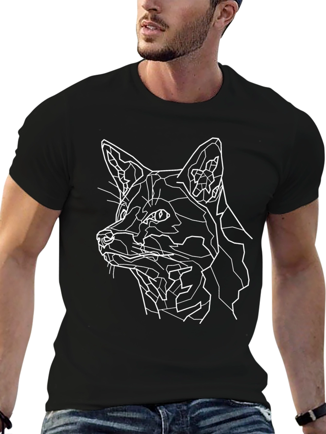 Geometric Fox Graphic Print Black T-Shirt