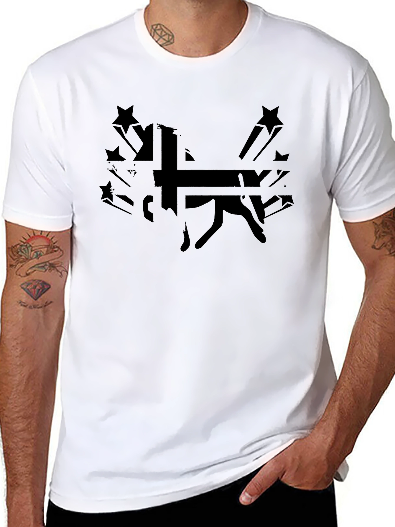Black Graphic Tee - Silhouette Dog and Stars