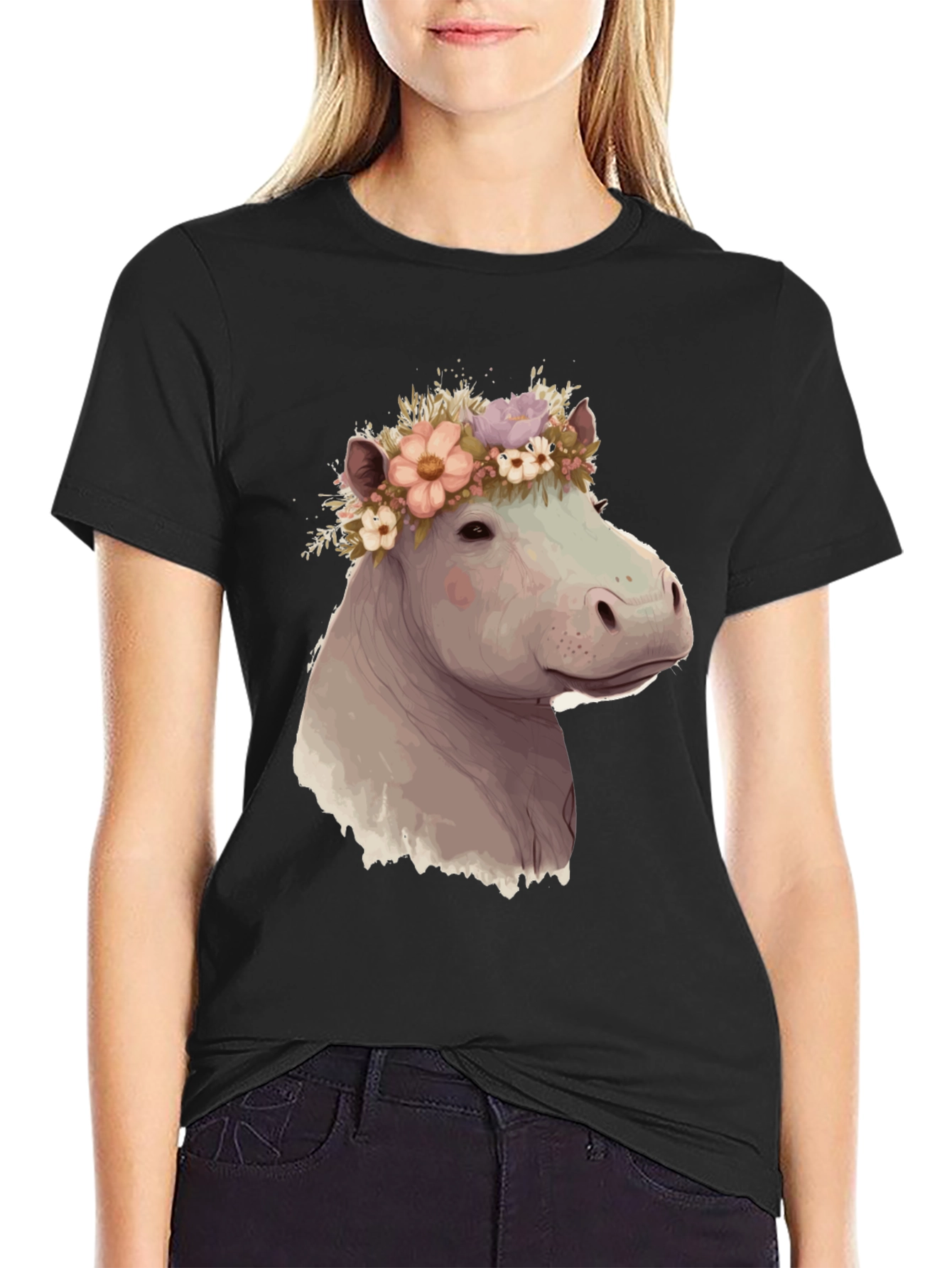 Hippo with Flower Crown Graphic T-Shirt