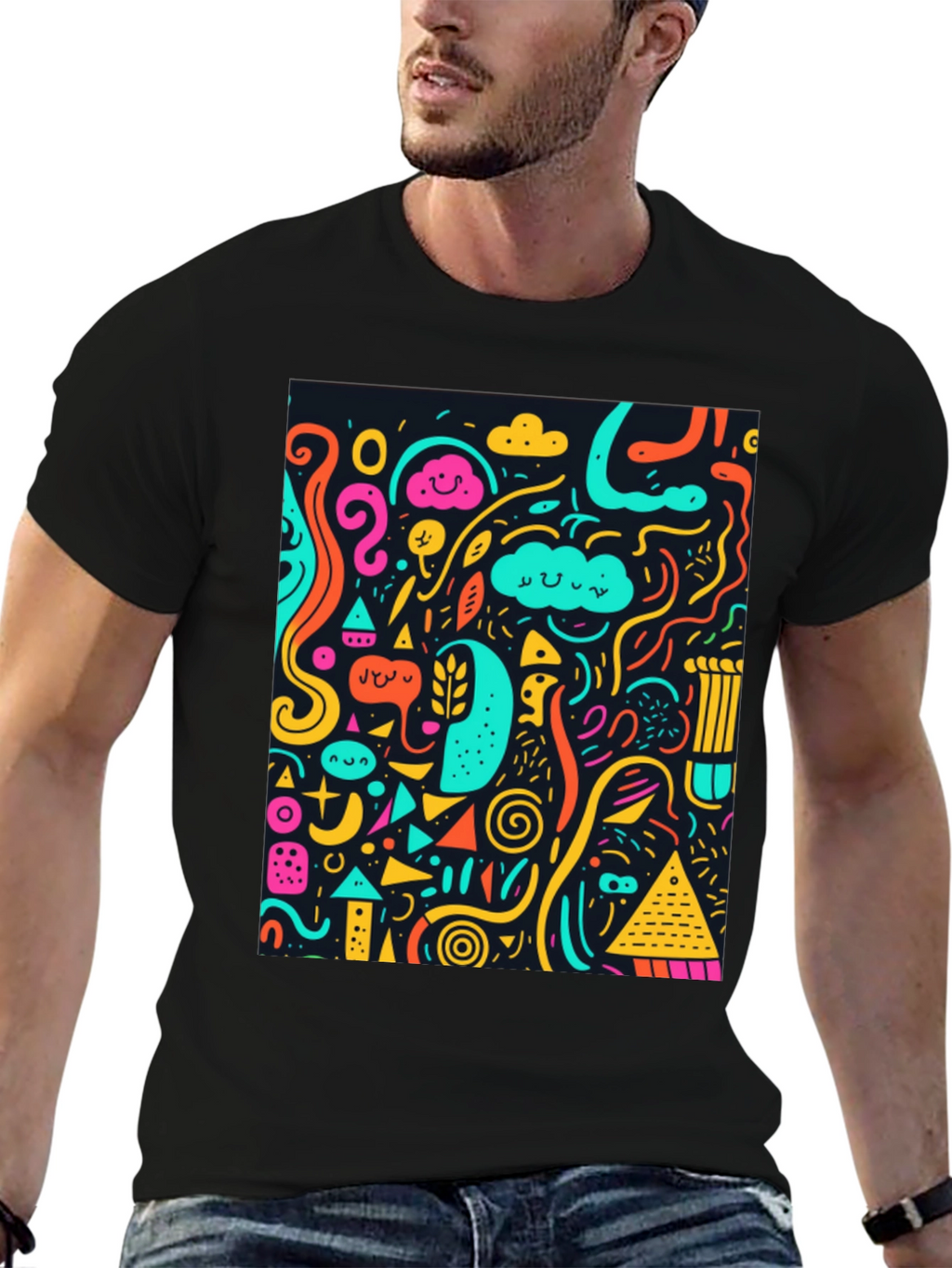 Funky Doodle Art Graphic Black T-Shirt