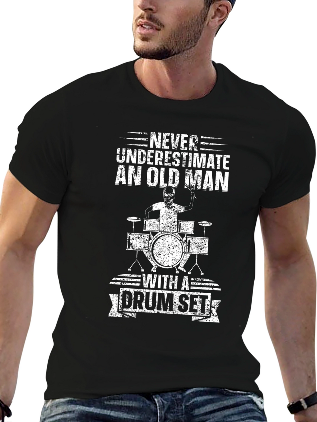 Never Underestimate Old Man Drum Set Black T-Shirt