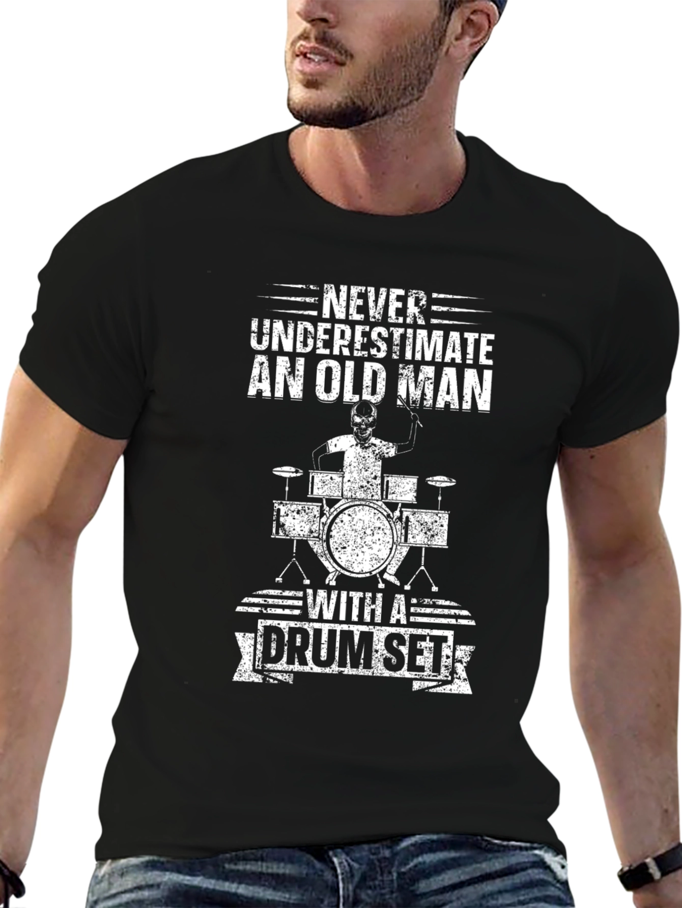 Never Underestimate Old Man Drum Set Black T-Shirt