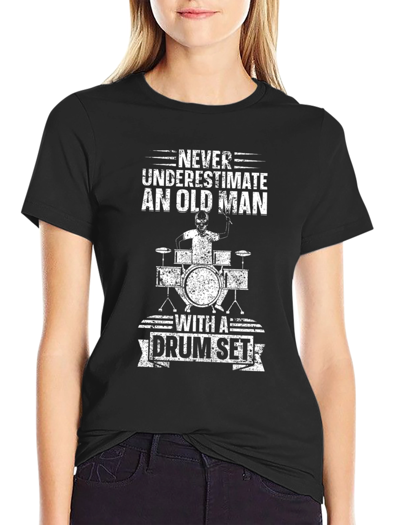 Never Underestimate Old Man Drum Set Black T-Shirt
