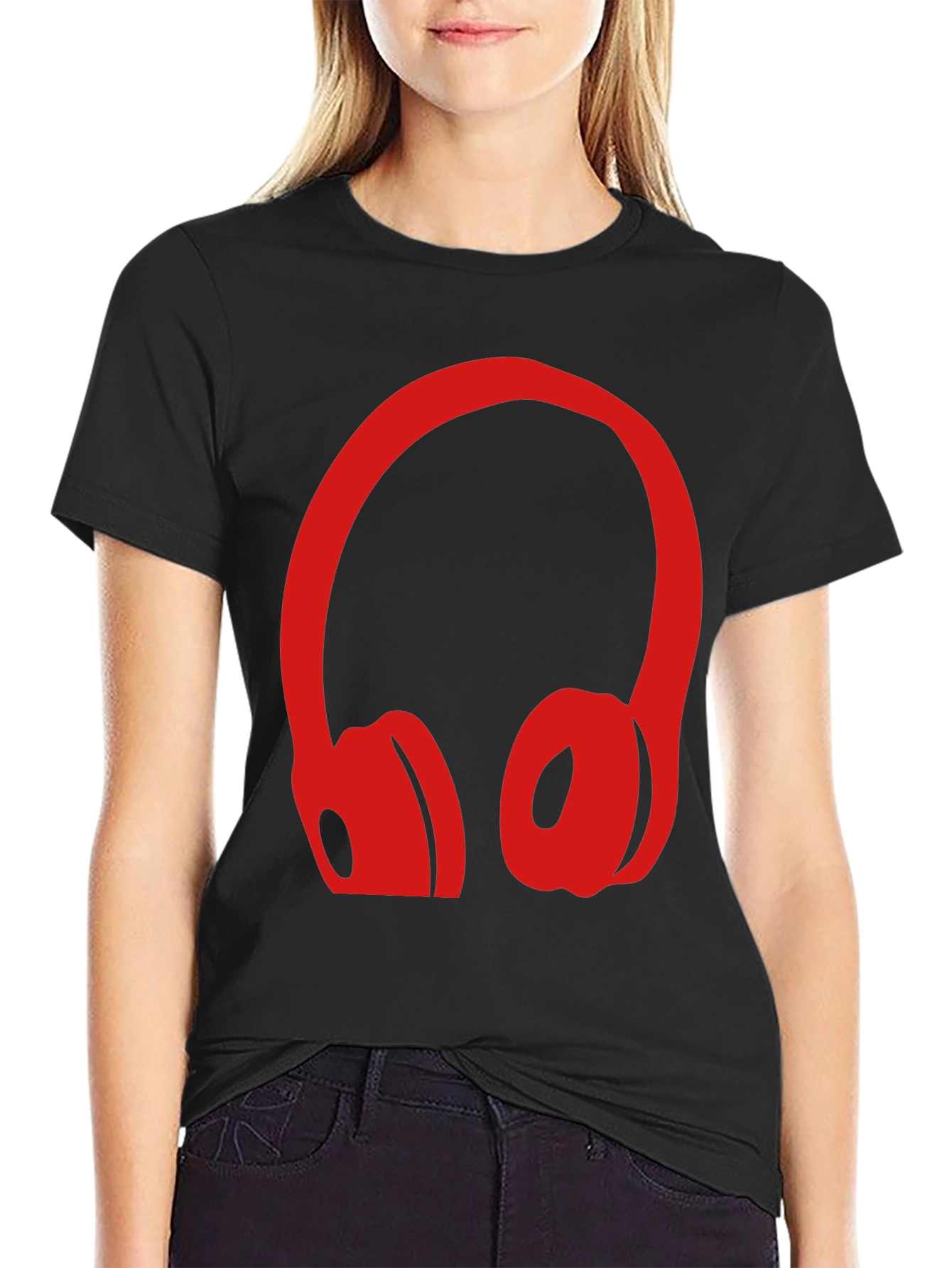 Red Headphone Graphic Black T-Shirt