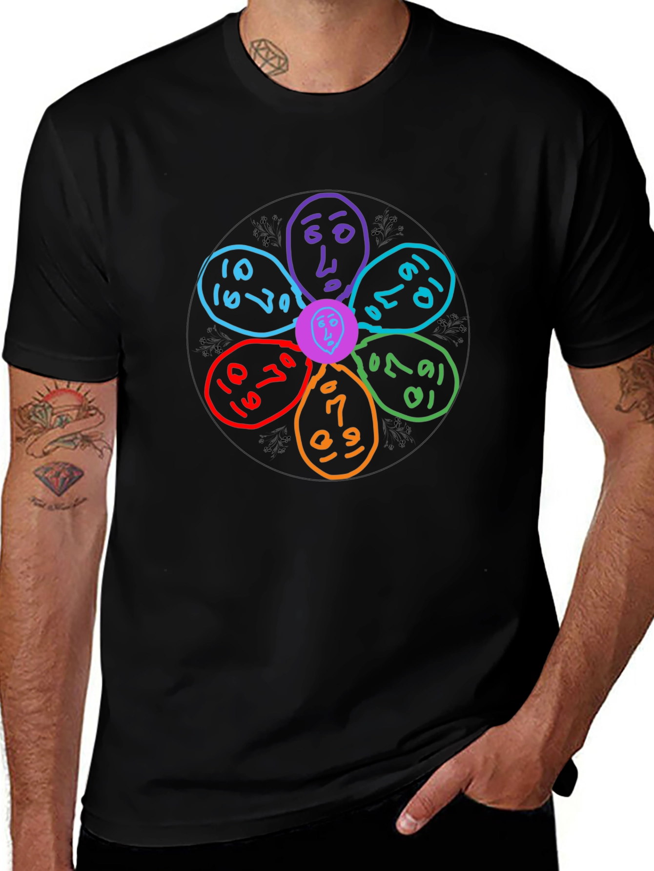 Abstract Colorful Flower Black T-Shirt
