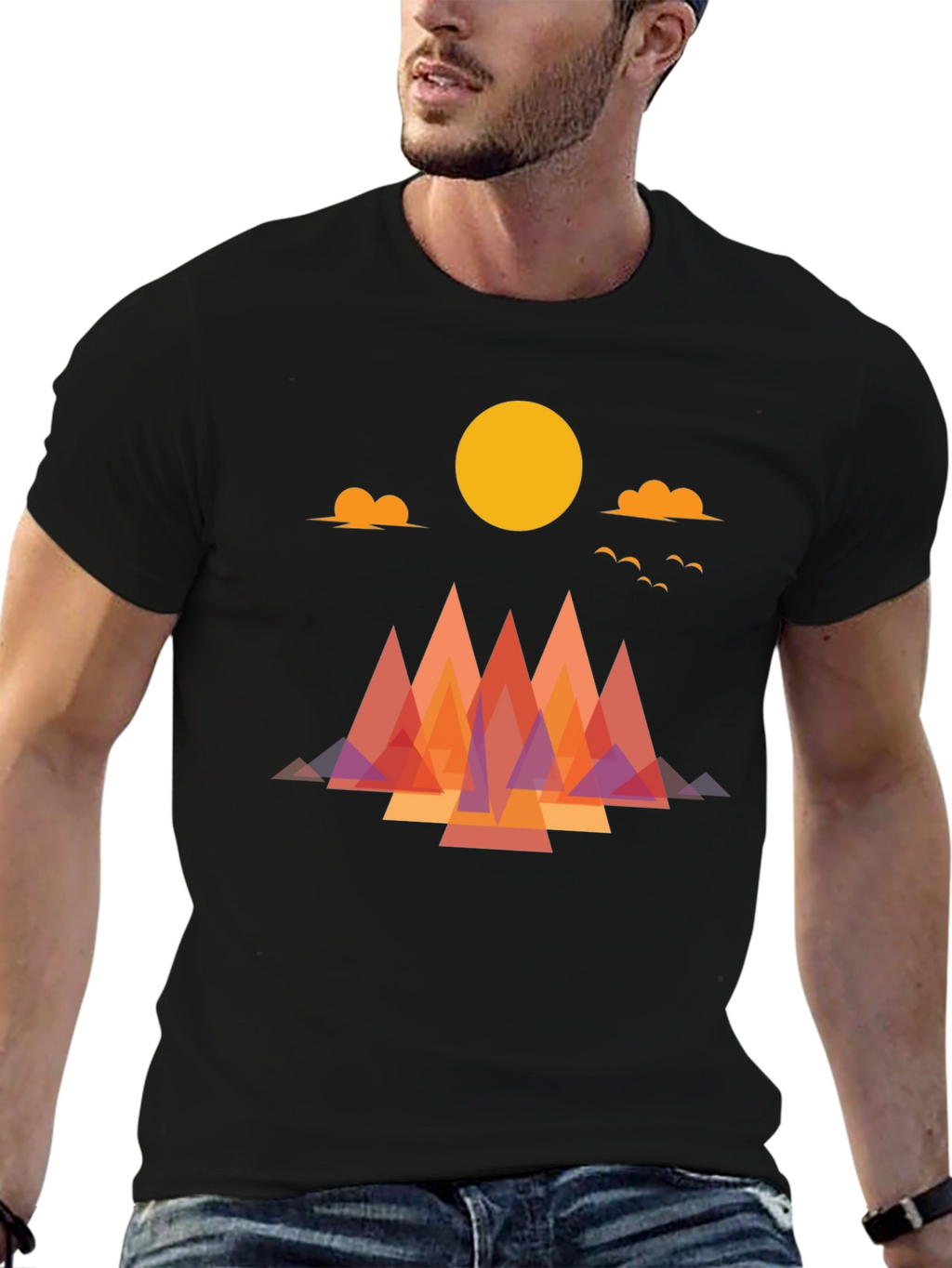 Geometric Mountain Sunrise Graphic Tee - Soft Cotton Blend