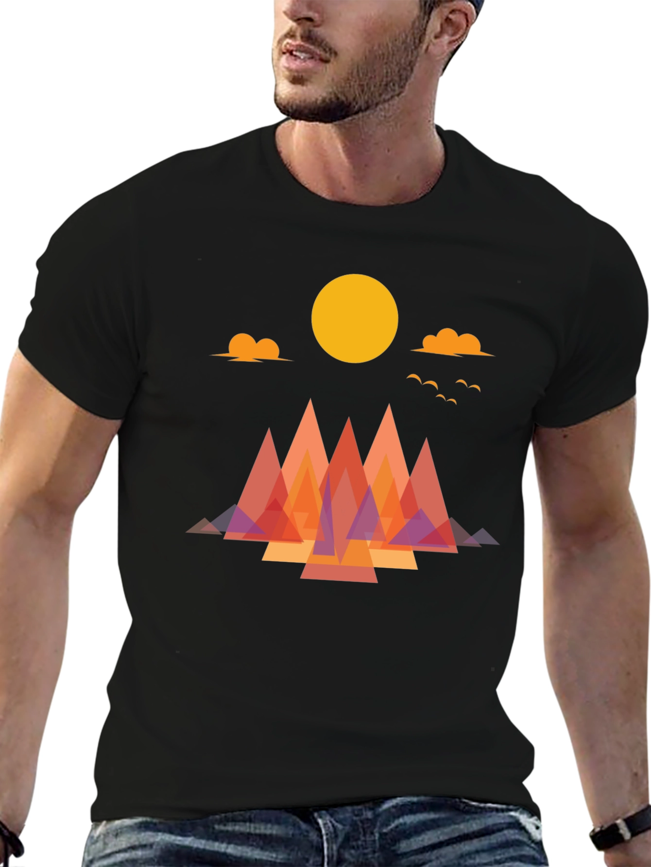 Geometric Mountain Sunrise Graphic Tee - Soft Cotton Blend