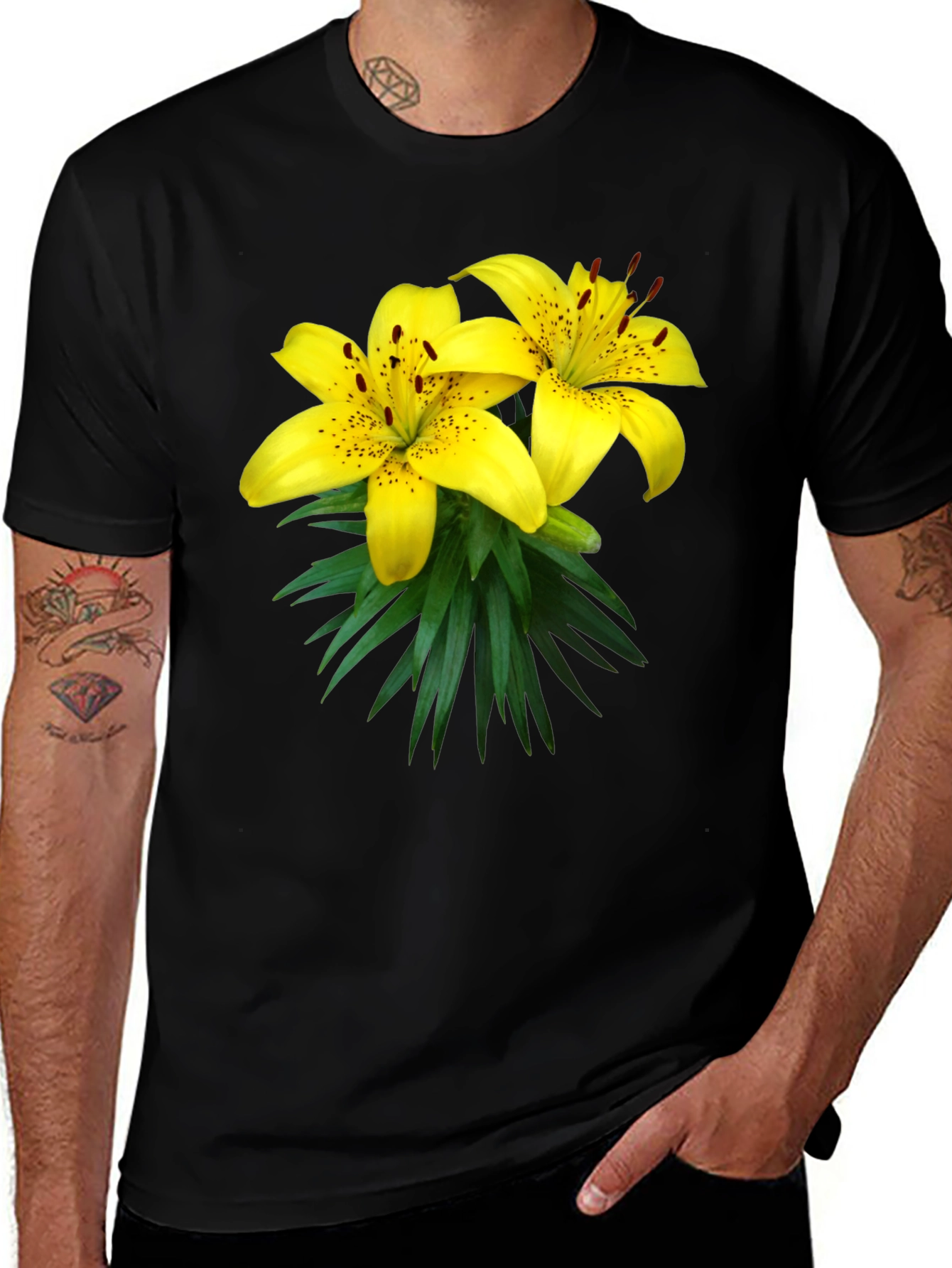 Black T-Shirt with Yellow Lily Graphic
