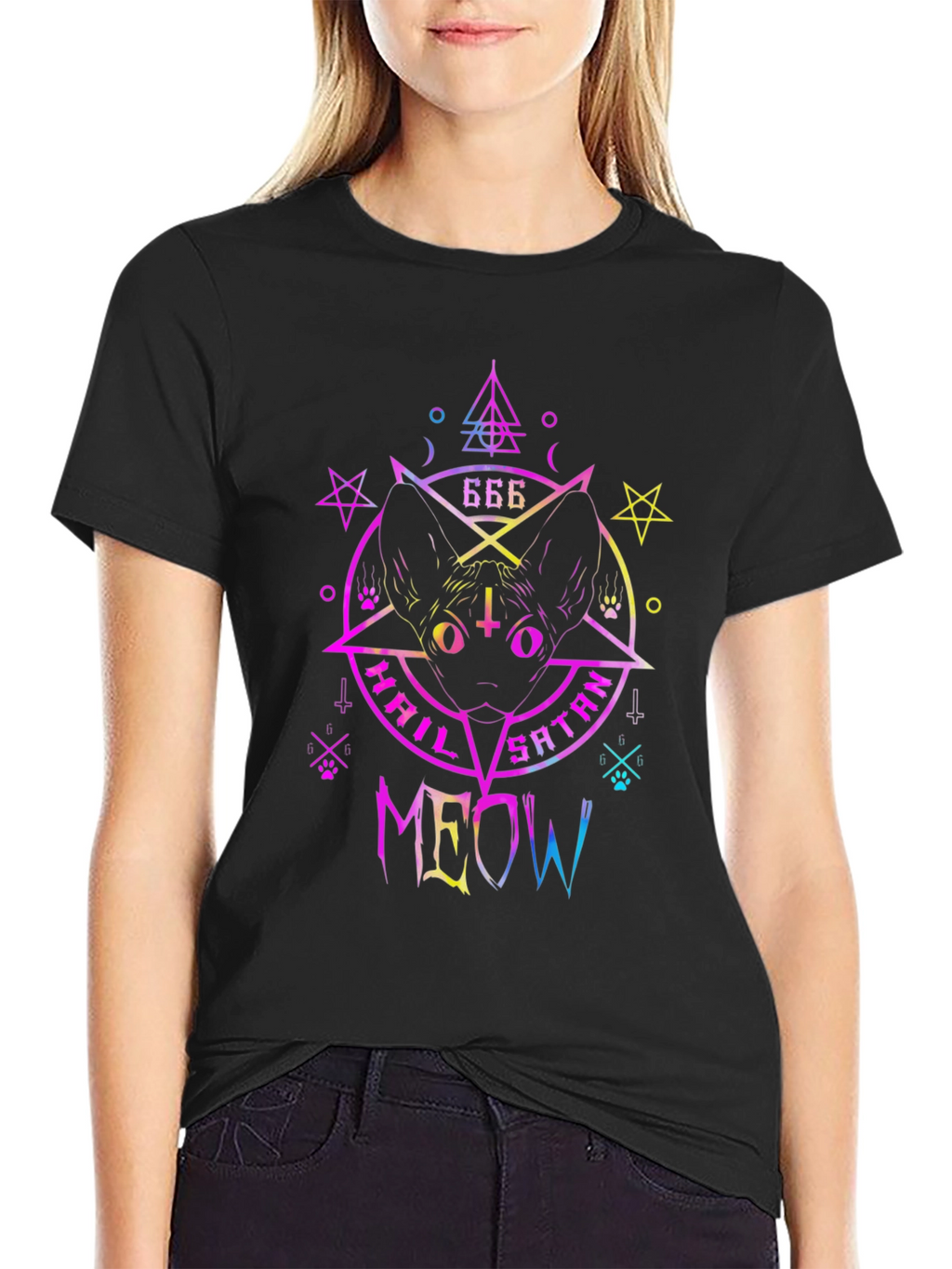 Hail Satan Meow T-Shirt - Cat & Occult Design