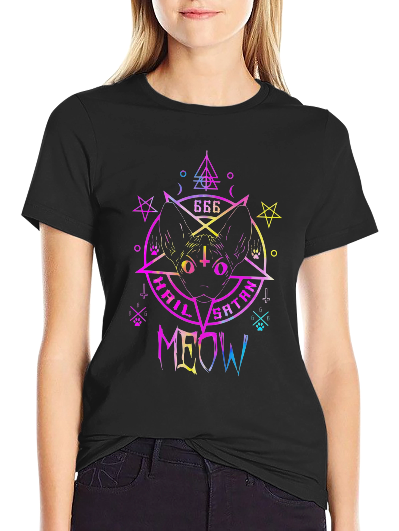 Hail Satan Meow T-Shirt - Cat & Occult Design