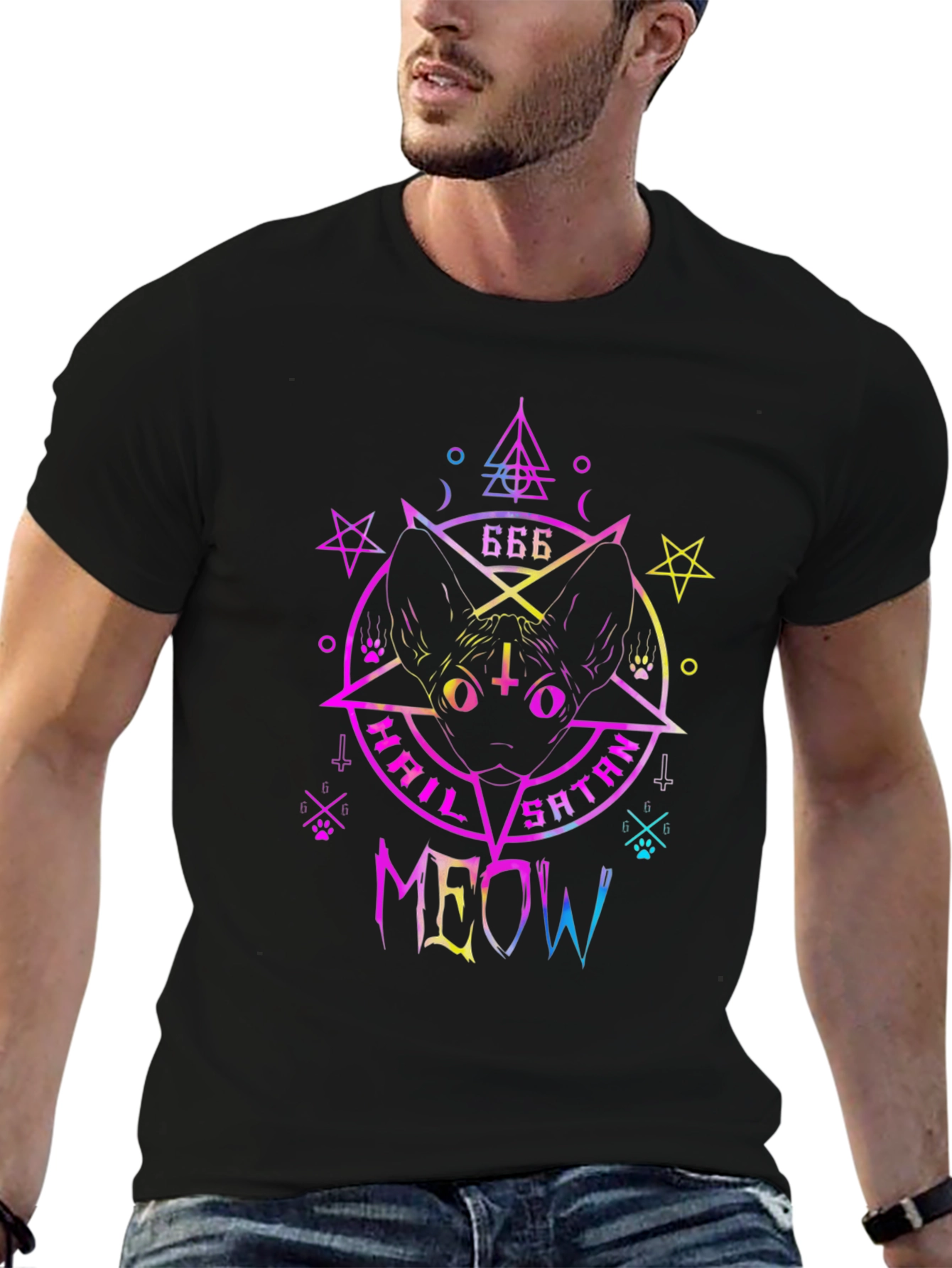Hail Satan Meow T-Shirt - Cat & Occult Design