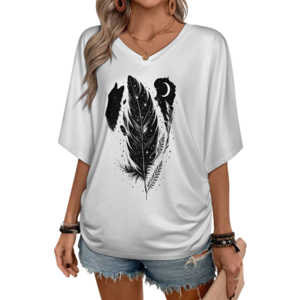 Mystic Feather Moon Wolf Graphic T-Shirt – Boho Nature Inspired Tee(z1082)