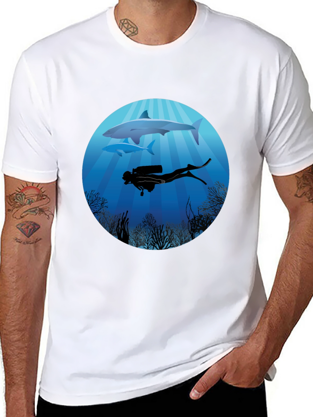 Diver & Shark Graphic Tee - Ocean Adventure Shirt