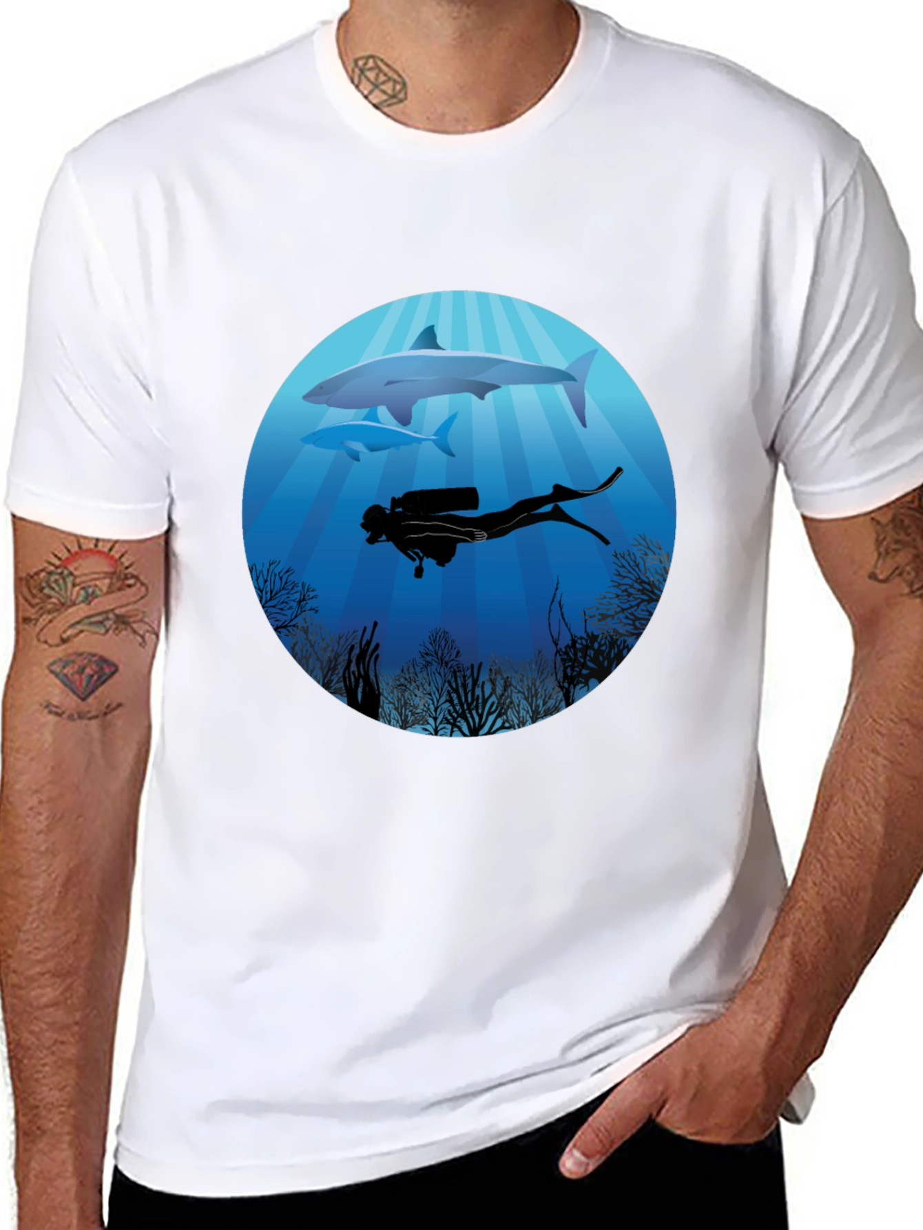 Diver & Shark Graphic Tee - Ocean Adventure Shirt