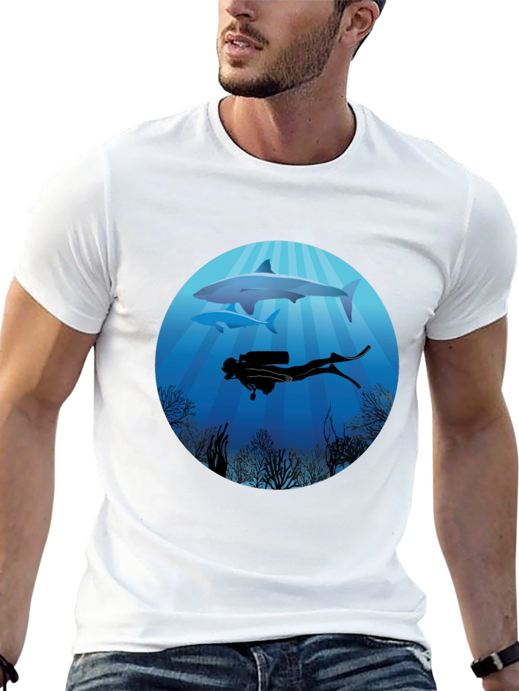 Diver & Shark Graphic Tee - Ocean Adventure Shirt