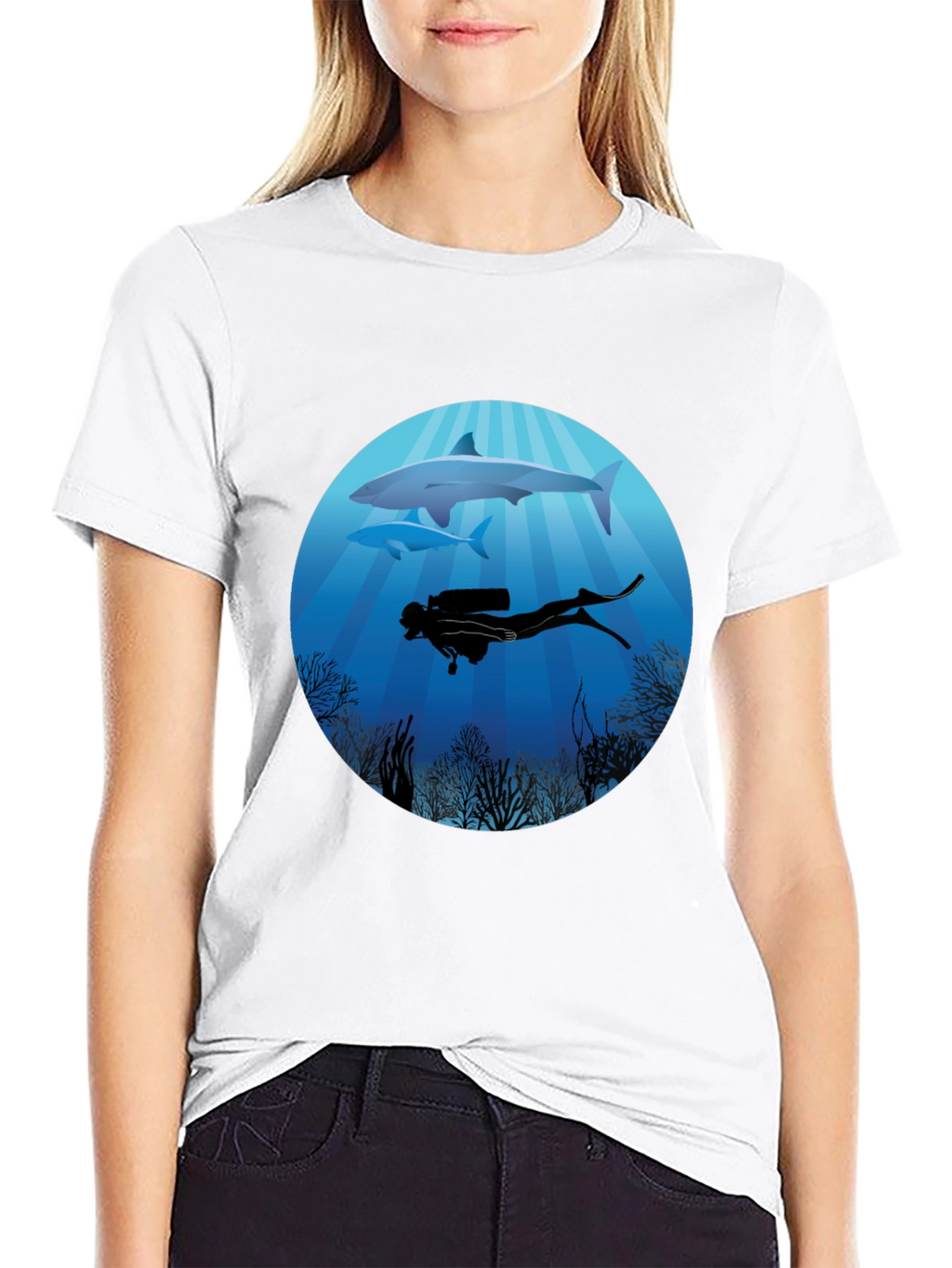 Diver & Shark Graphic Tee - Ocean Adventure Shirt