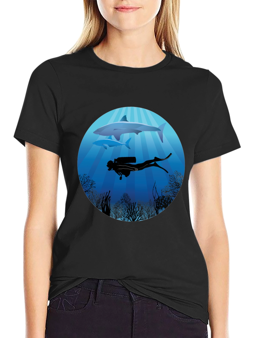 Diver & Shark Graphic Tee - Ocean Adventure Shirt