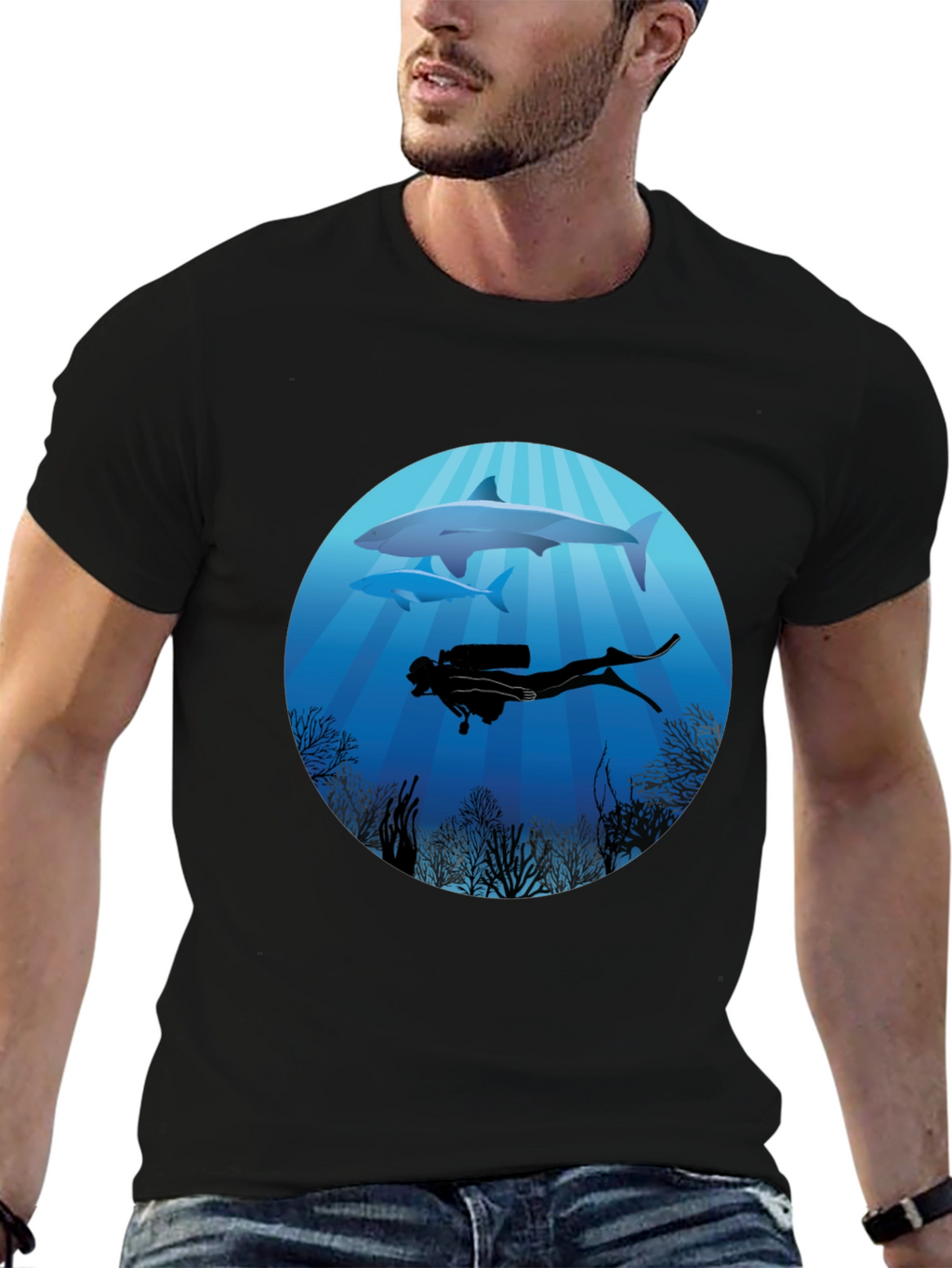 Diver & Shark Graphic Tee - Ocean Adventure Shirt