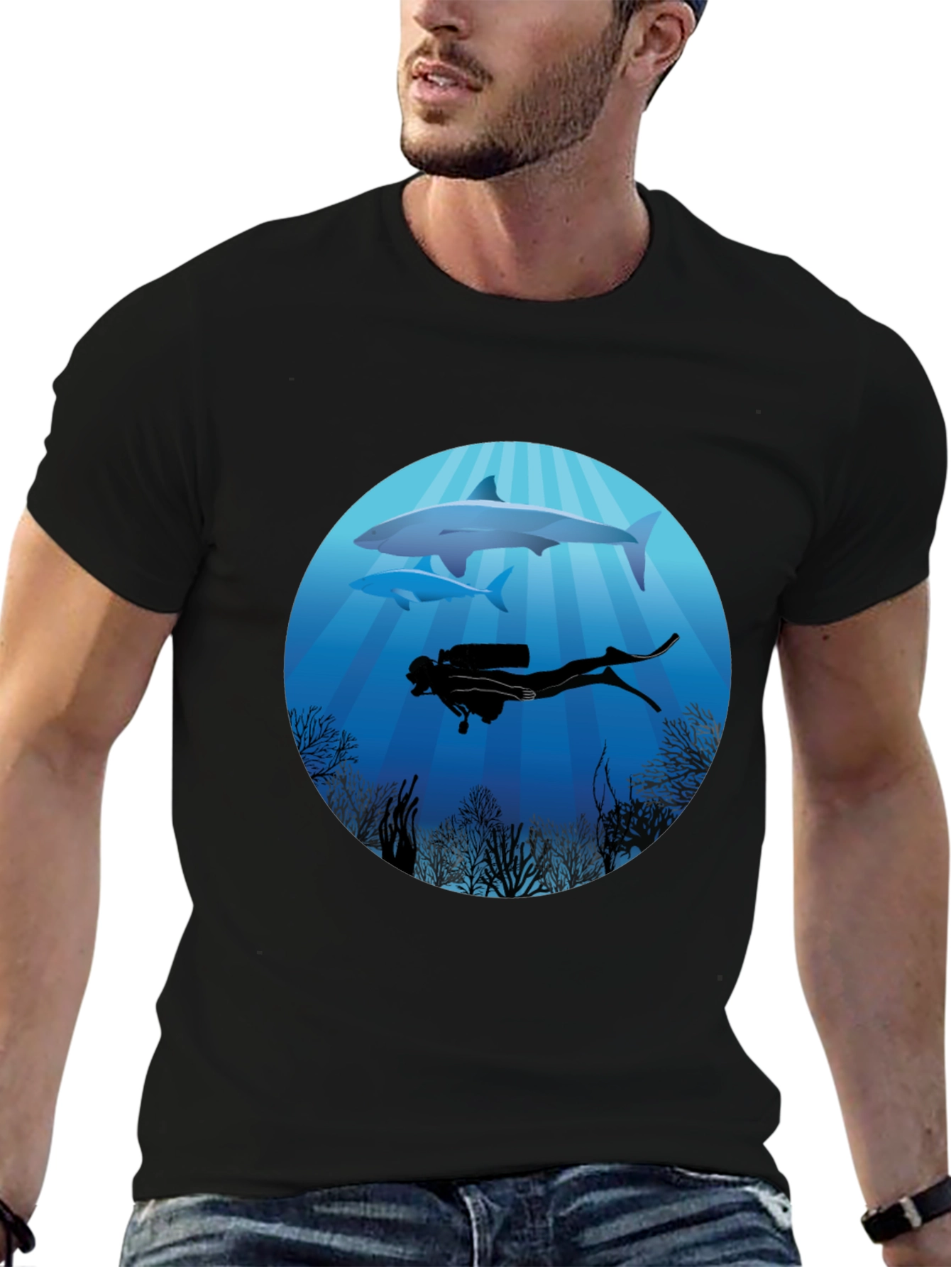 Diver & Shark Graphic Tee - Ocean Adventure Shirt