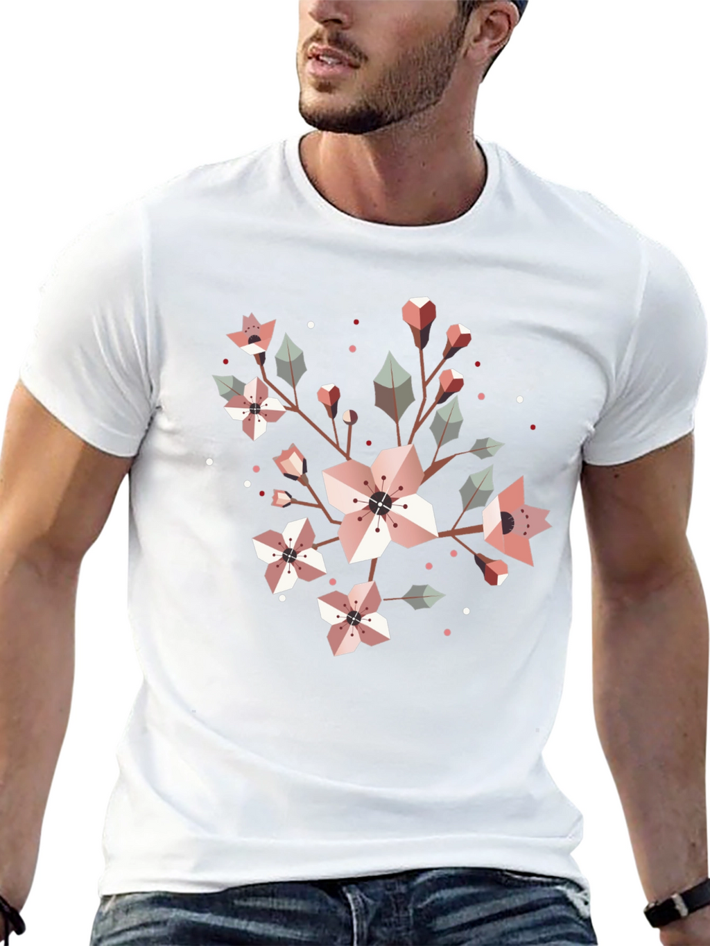 Geometric Floral Graphic Tee - Black Cotton Blend