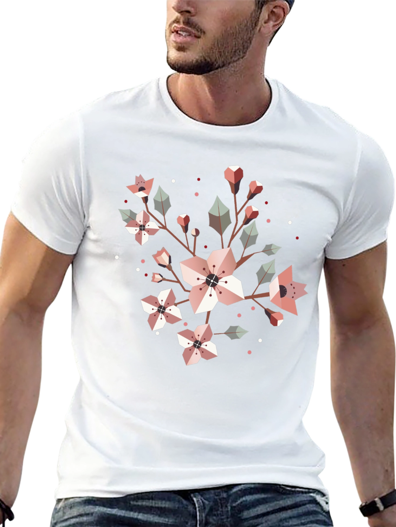 Geometric Floral Graphic Tee - Black Cotton Blend