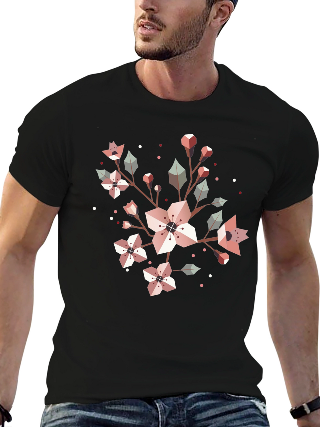 Geometric Floral Graphic Tee - Black Cotton Blend