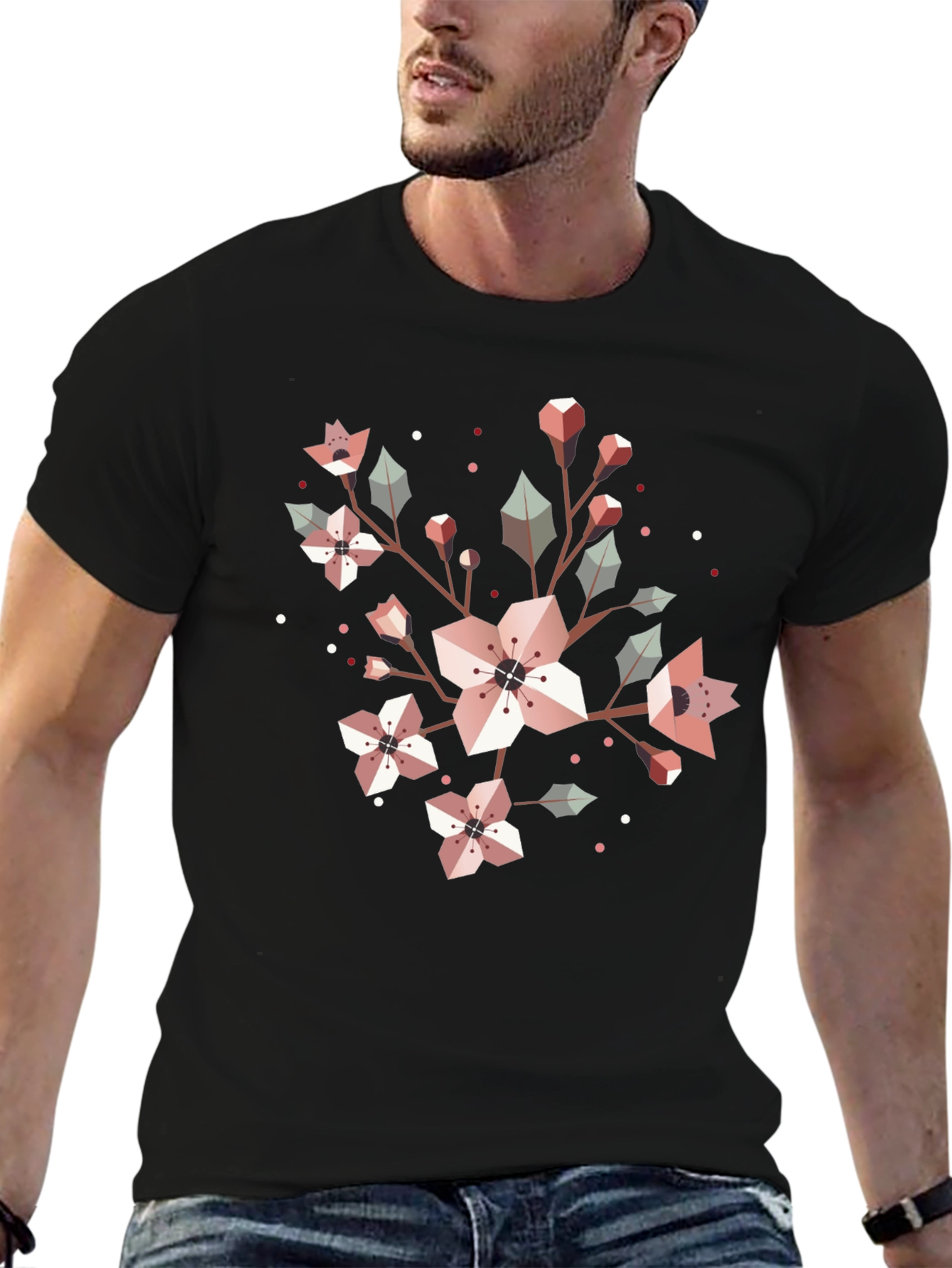 Geometric Floral Graphic Tee - Black Cotton Blend