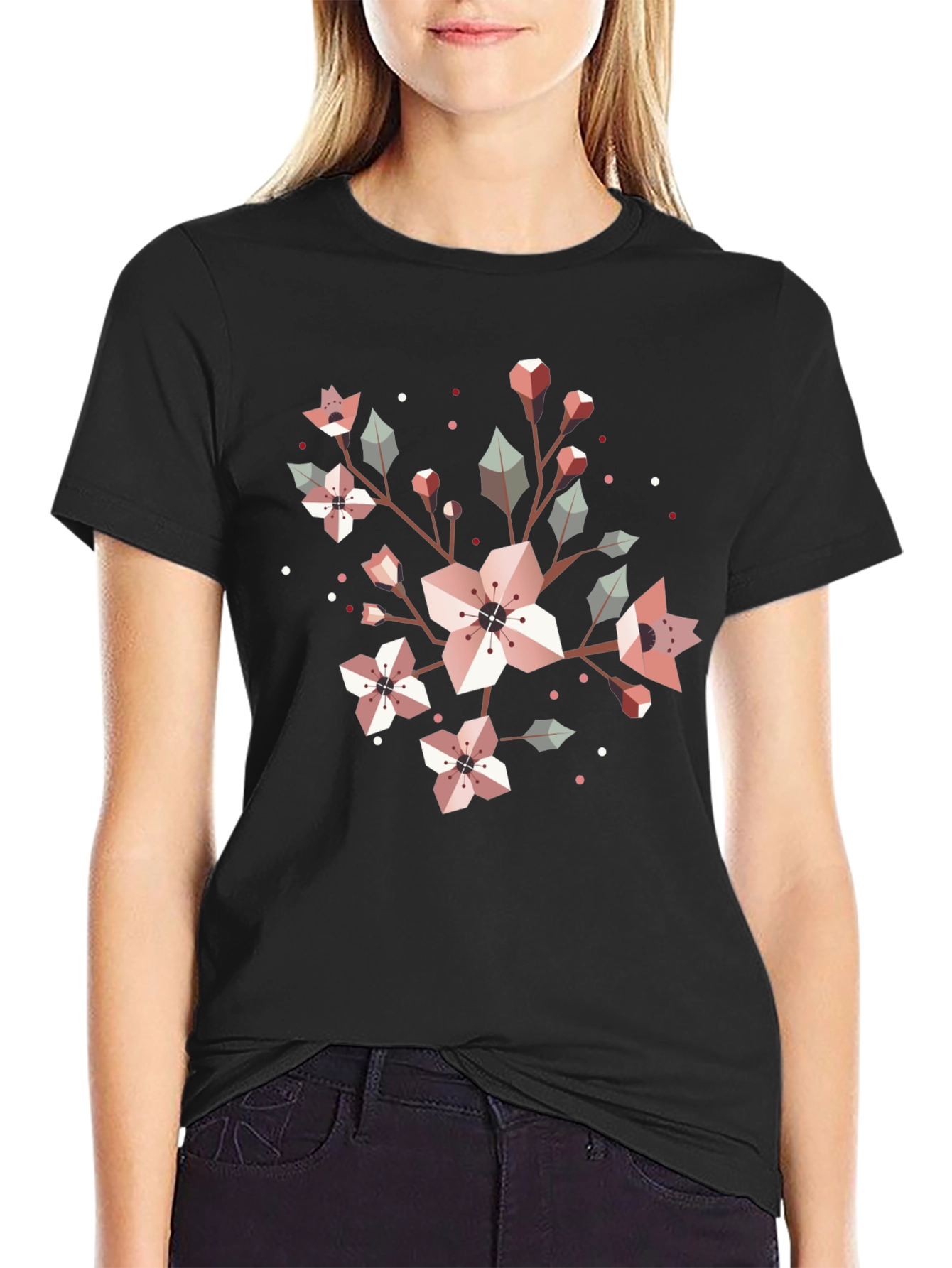 Geometric Floral Graphic Tee - Black Cotton Blend