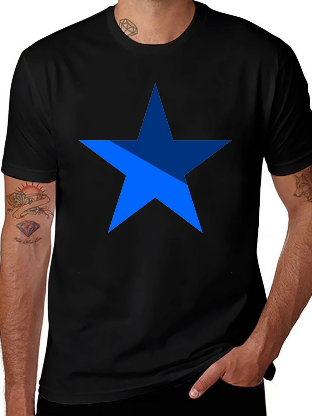 Blue Star Graphic Print Black T-Shirt