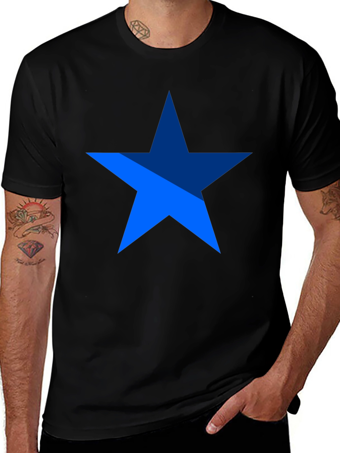 Blue Star Graphic Print Black T-Shirt