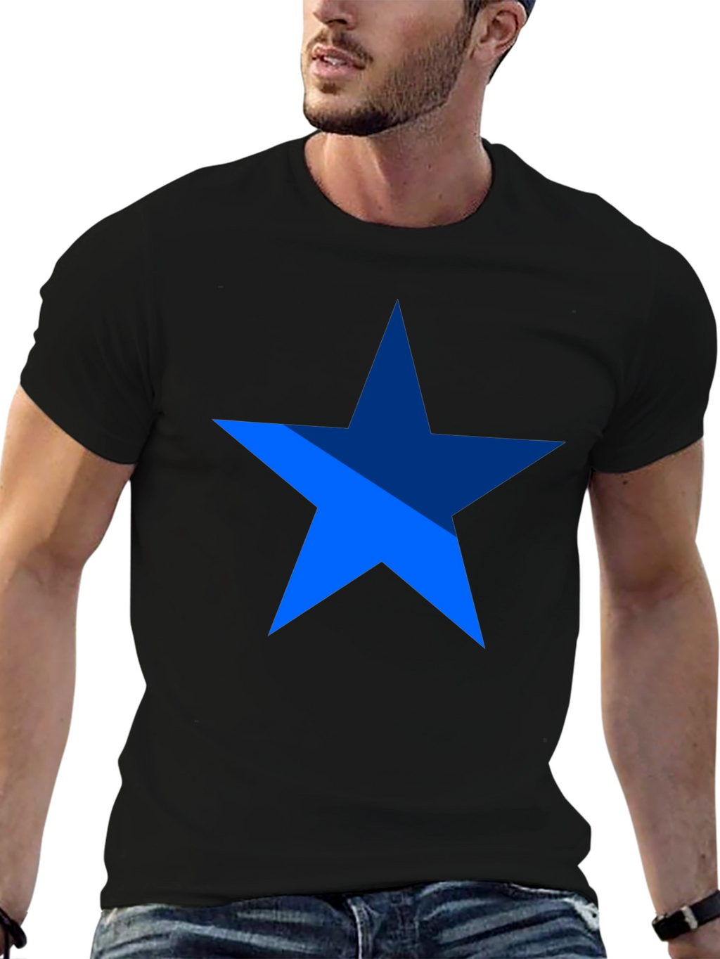 Blue Star Graphic Print Black T-Shirt